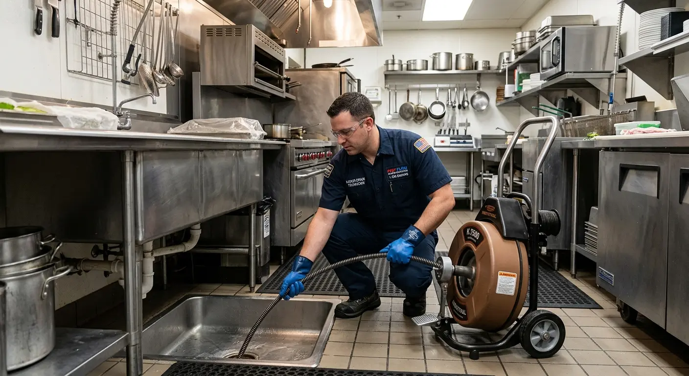 Commercial drain cleaning service in a restaurant kitchen in Monterey Park