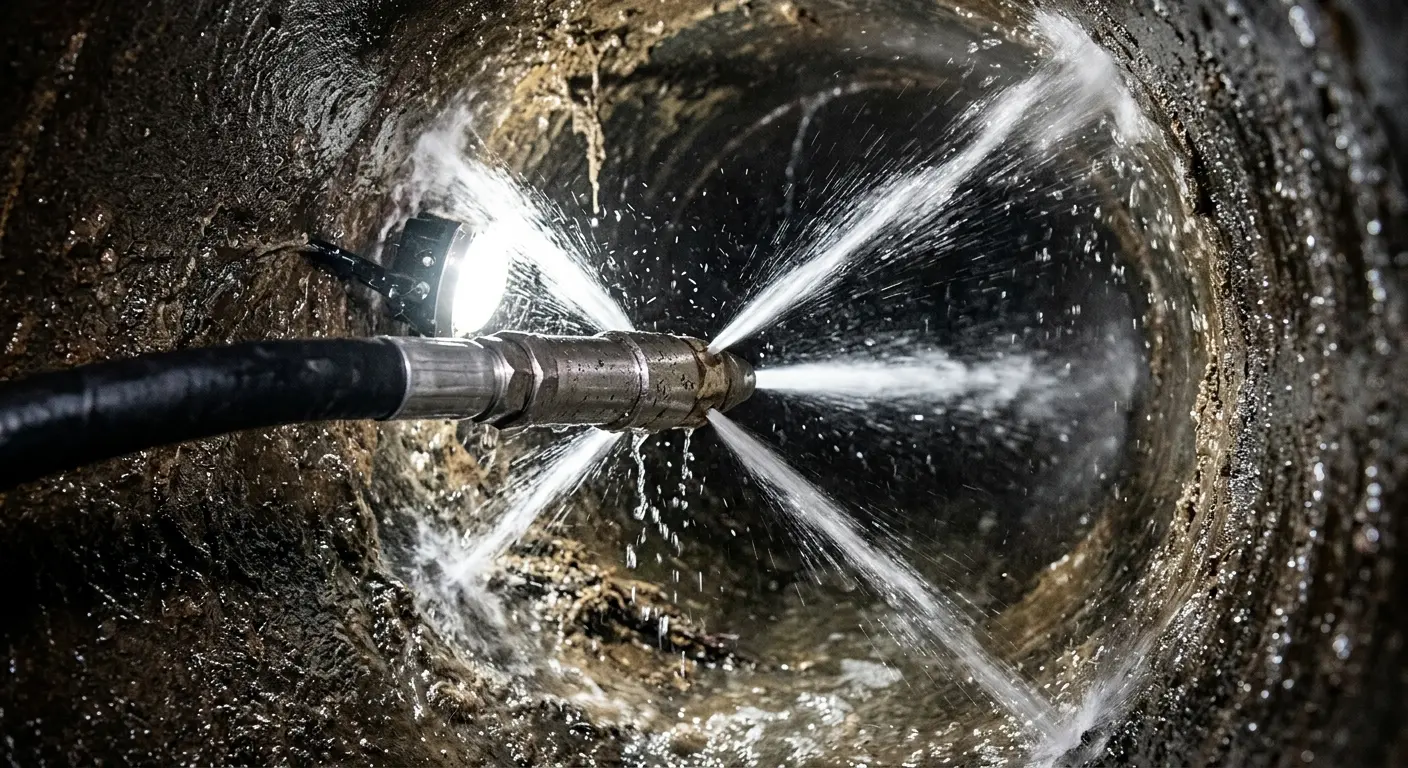 High-pressure hydro jetting nozzle cleaning sewer pipe for Trenchless Sewer Repair in Monterey Park