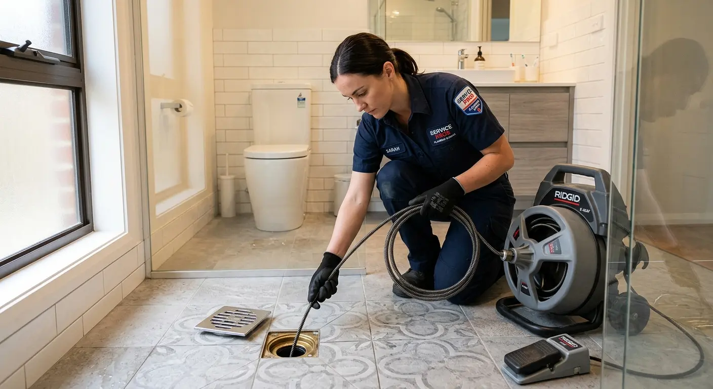 Technician clearing a bathroom floor drain for Drain Repair in Monterey Park